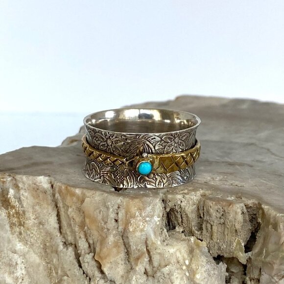 Sterling Silver 925 Embossed Brass Snake Turquoise Wide Spinner Band Ring 14.5 - Picture 7 of 16